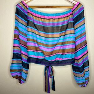 Jealous Tomato Blouse Back Tie Boatneck Purple Blue Horizontal Stripes Large
